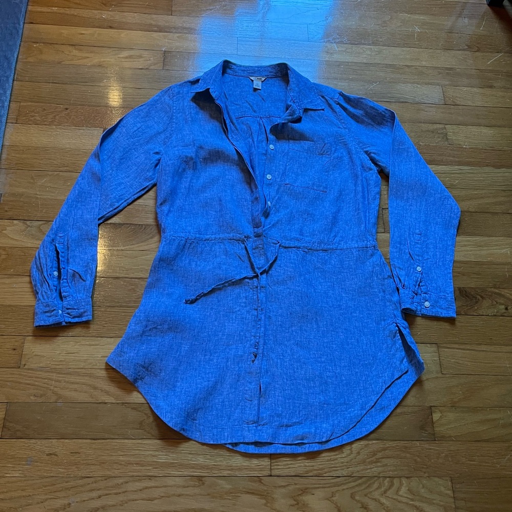 LL Bean blue linen coverup button down dress with cinch waist